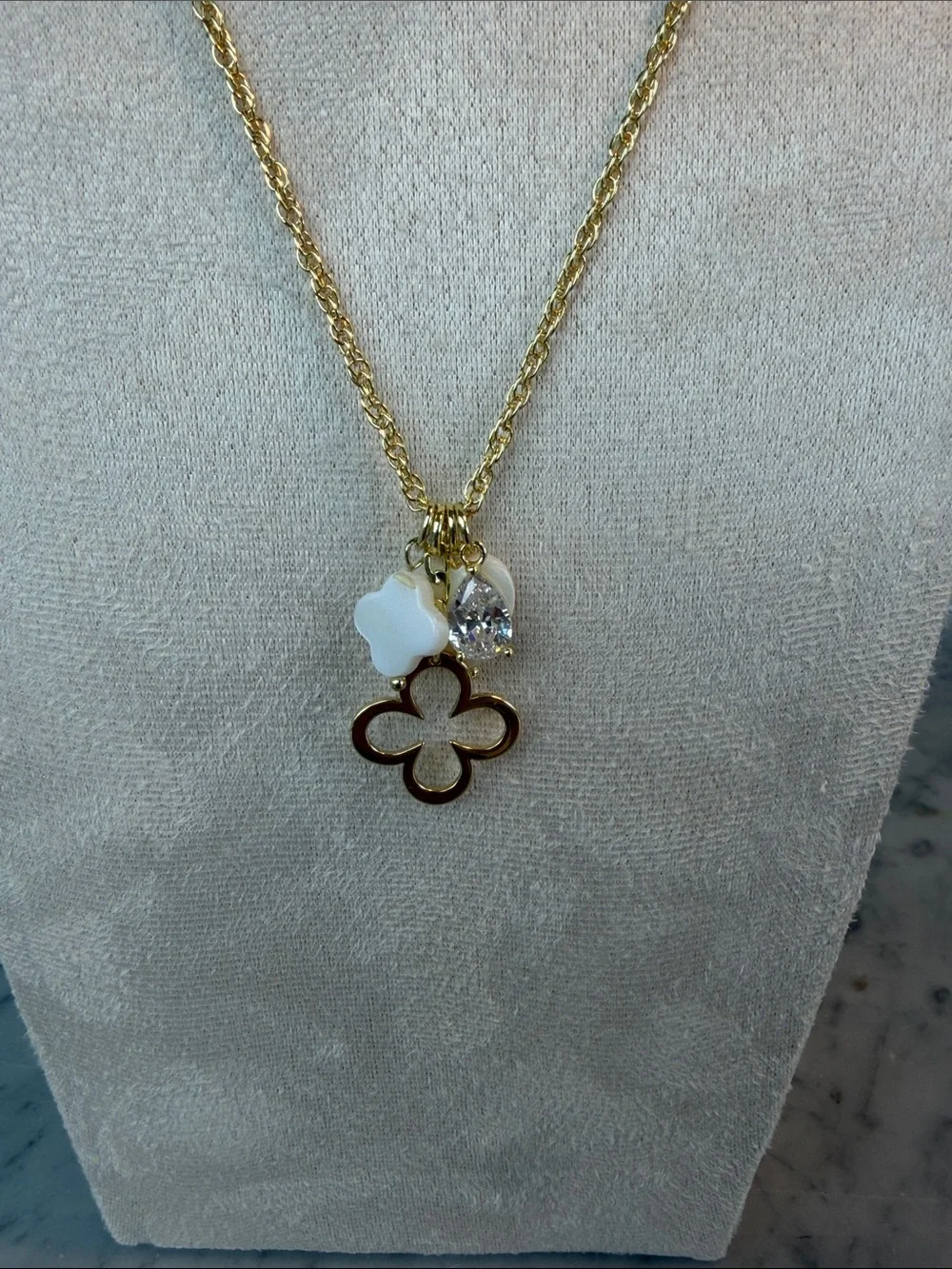Gold Clover Charm Necklace with White Accents